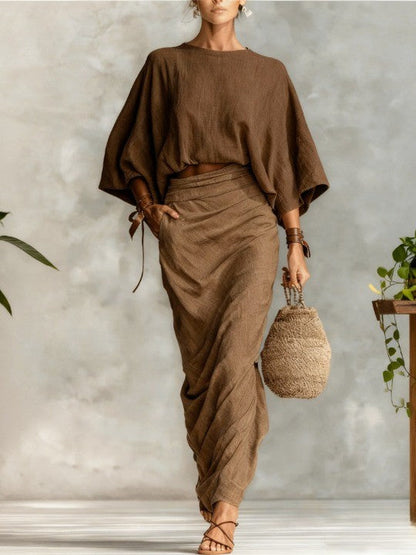 Ensemble haut à manches chauve-souris à col rond et jupe longue