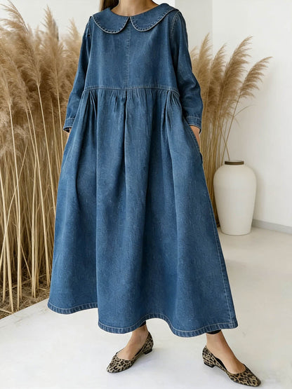 Robe décontractée en denim à manches longues et col Claudine pour femme