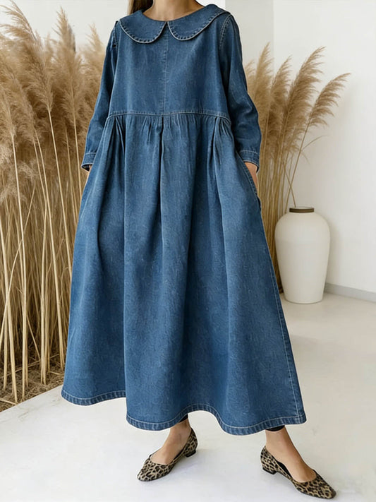 Robe décontractée en denim à manches longues et col Claudine pour femme