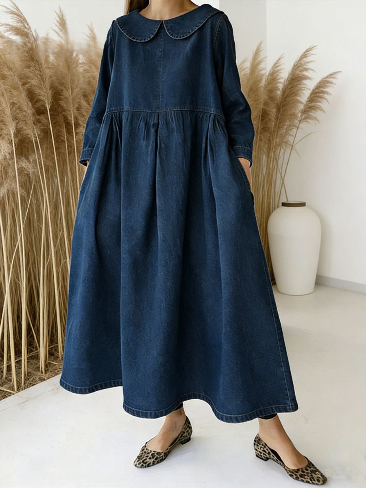 Robe décontractée en denim à manches longues et col Claudine pour femme