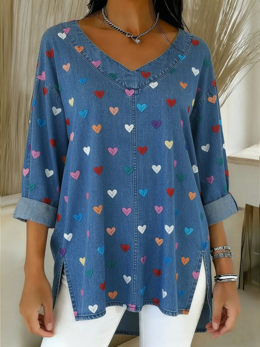 T-shirt en denim lavé en coton pour femmes avec cœur