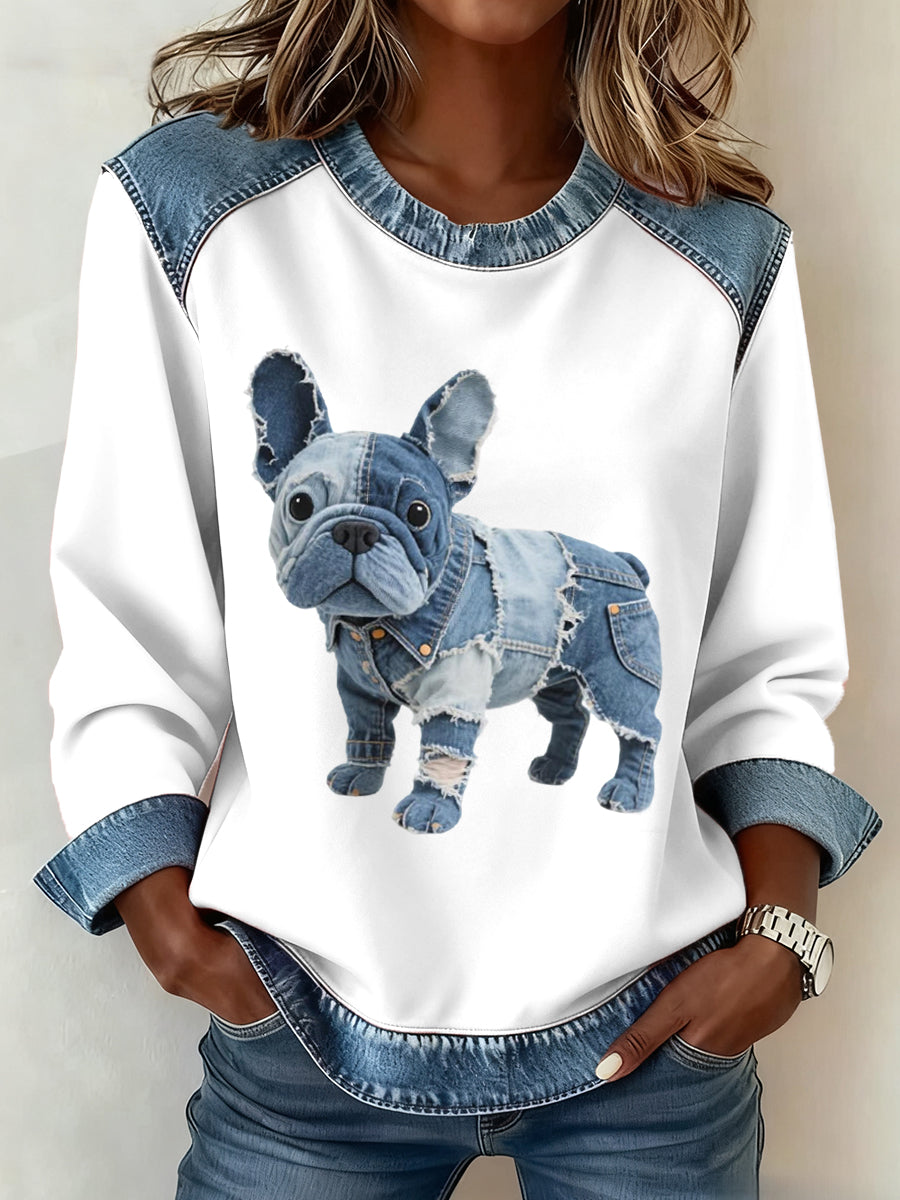 Alma - Sweat-shirt pour femme avec patchwork en denim de style bulldog français