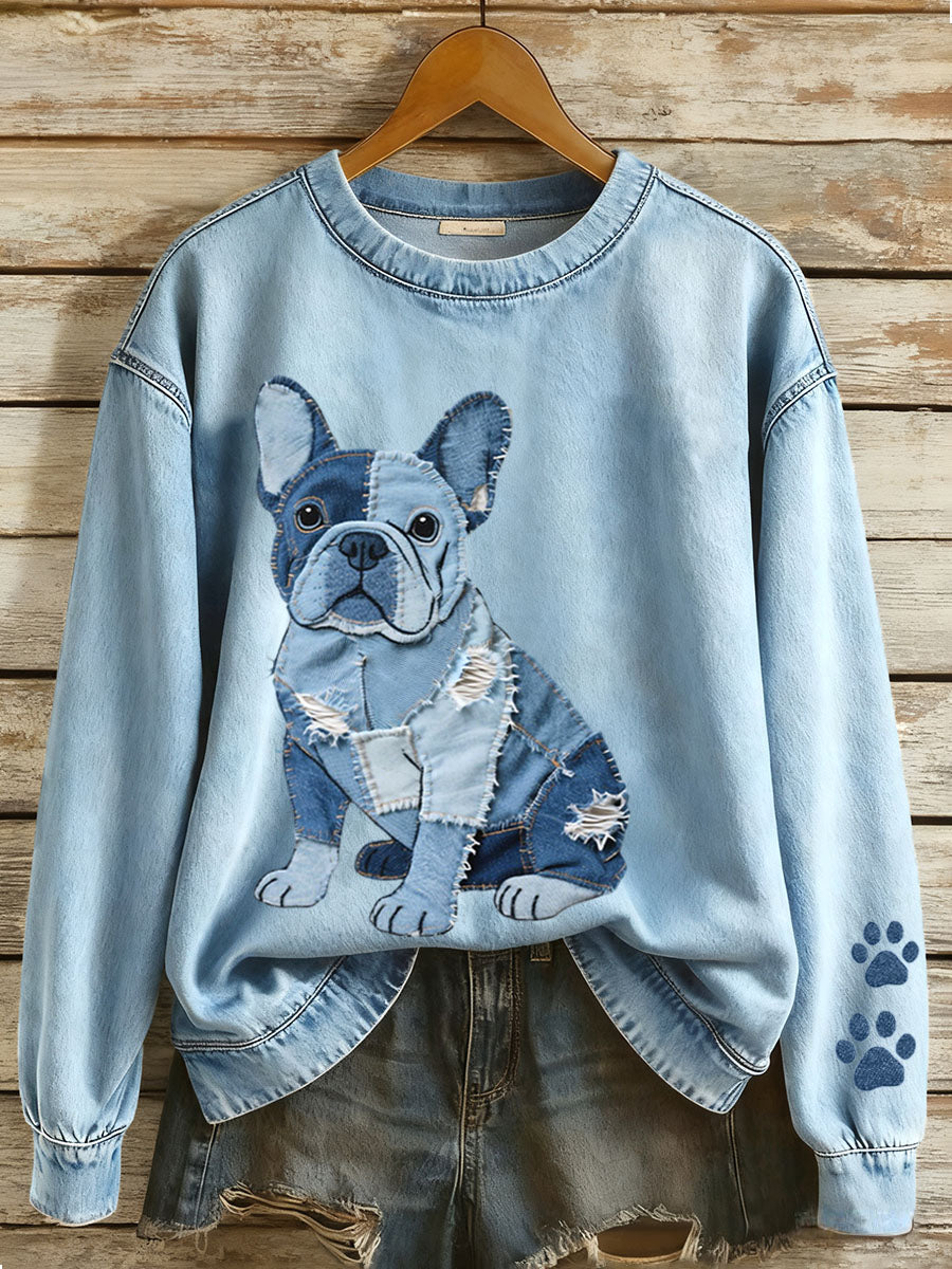 Nina - Sweat femme avec patchwork en denim de style bulldog français