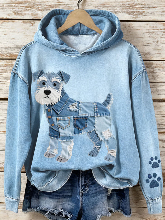 Lola - Sweat en jean pour femmes Patchwork Art Schnauzer avec motif de chien