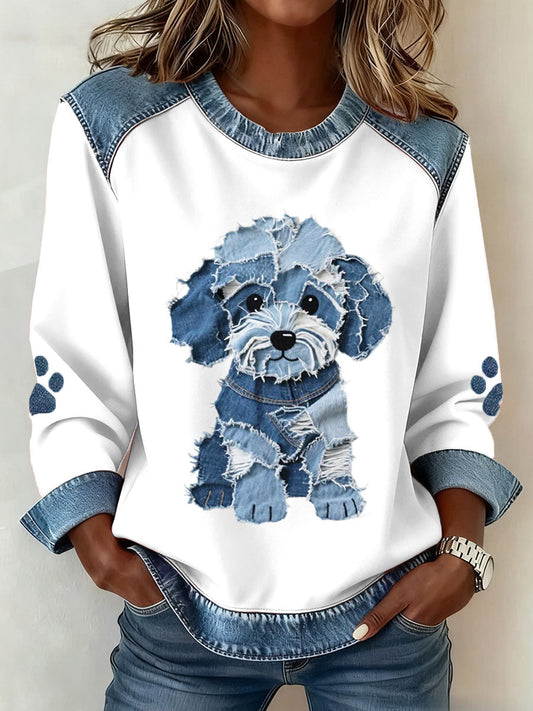 Luz - Sweat-shirt pour femmes avec motif patchwork et impression en denim d'un chien poilu